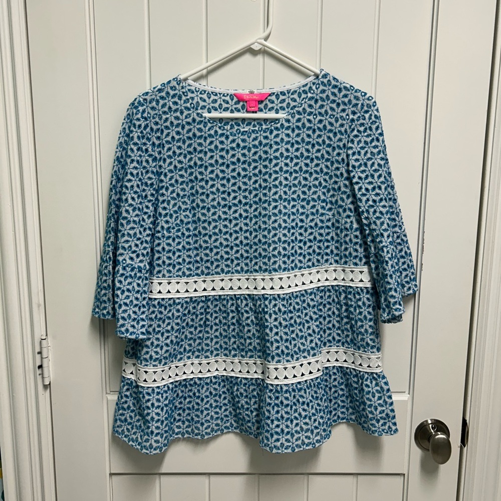 Lilly Pulitzer Blue & White Tiered Peplum Blouse